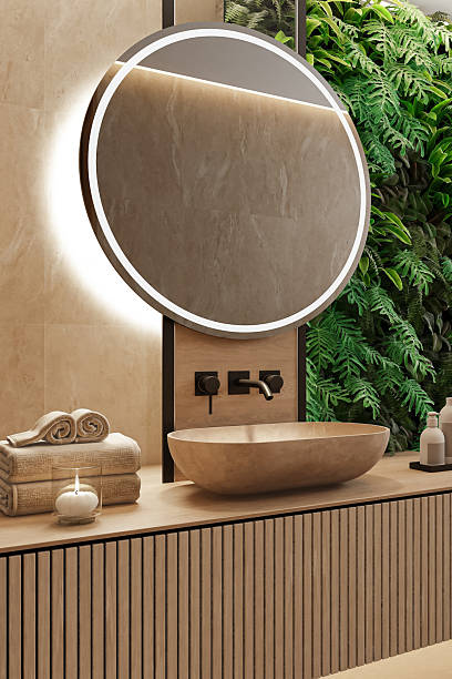 istock Japandi Bathroom Interior with Natural Stone and Vertical Garden 2242864001