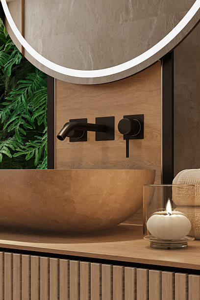 istock Japandi Bathroom Interior with Natural Stone and Vertical Garden 2242864035