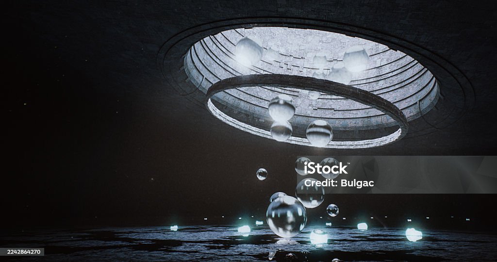 Orb Cluster in Ringed Chamber Digitally generated reflective spheres that levitates beneath a circular, ringed aperture in a vast sci-fi/alien-like chamber. Cool blue floor lights skim a wet, textured surface, creating a moody, futuristic atmosphere. 8K Resolution Stock Photo Orb Cluster in Ringed Chamber Digitally generated reflective spheres that levitates beneath a circular, ringed aperture in a vast sci-fi/alien-like chamber. Cool blue floor lights skim a wet, textured surface, creating a moody, futuristic atmosphere. 8K Resolution Stock Photo