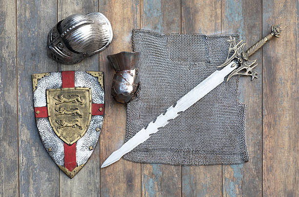 Sword Sabre Weapon and Shield Isolated on White Background. 3D Illustration. File with Clipping Path.