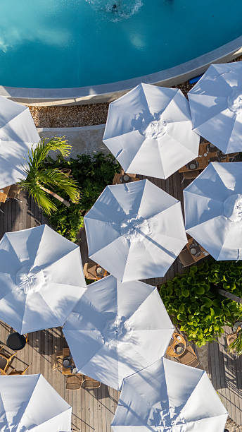 istock Overhead View of Poolside Umbrellas and Seating Area 2242867235