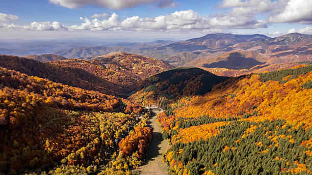 Aerial view highlighting a vibrant autumn mountain landscape featuring rolling hills, colorful dense forests, and a narrow valley winding through the changing foliage under a bright sky