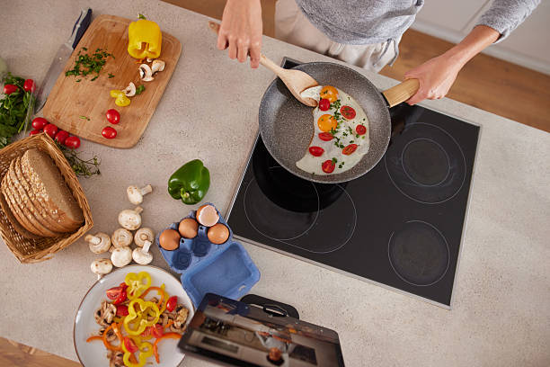 istock Person cooking eggs breakfast with fresh vegetables on induction hob 2242872087