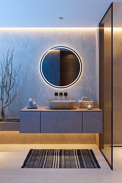 istock Japandi Bathroom Interior with Stone Textures and Minimalist Elegance Night Scene 2242874593