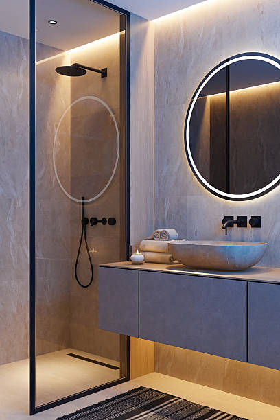 istock Japandi Bathroom Interior with Stone Textures and Minimalist Elegance Night Scene 2242874737