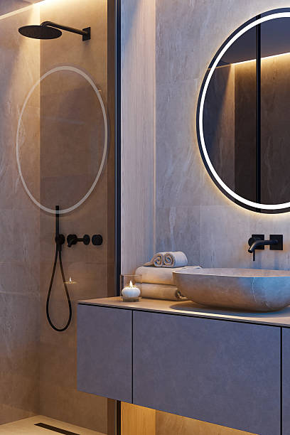 istock Japandi Bathroom Interior with Stone Textures and Minimalist Elegance Night Scene 2242874756