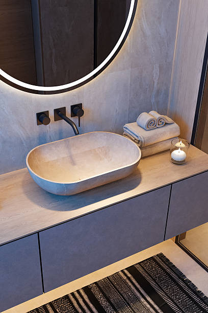 istock Japandi Bathroom Interior with Stone Textures and Minimalist Elegance Night Scene 2242874806