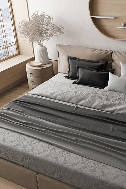 istock Japandi Bedroom Interior with Natural Materials and Minimalist Styling 2242878120