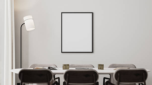 istock empty frame mock-up in meeting room interior with long desk,modern chairs and floor lamp, 3d render 2242881797