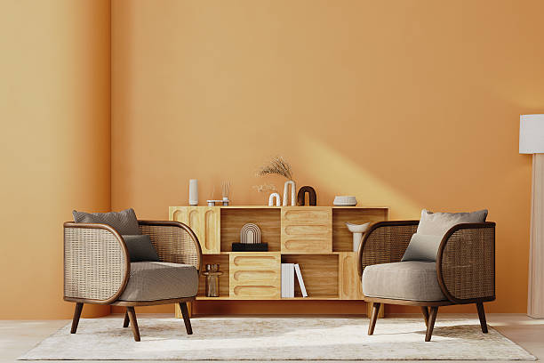 istock Bright orange wall interior, living room with armchairs and cabinets, wall mock-up, 3d render 2242881830