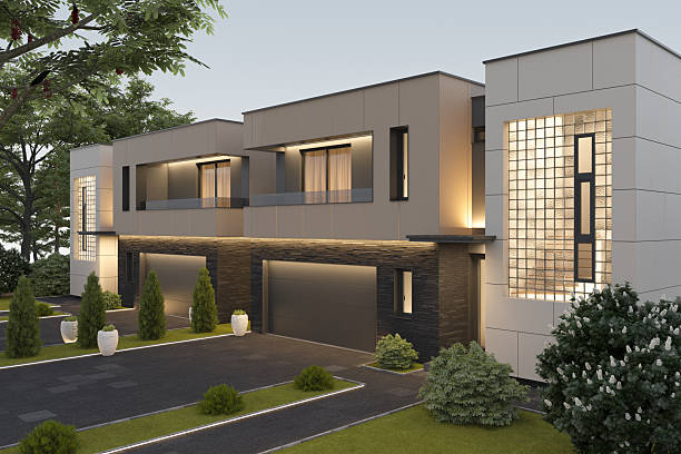 istock Modern Duplex Villa Exterior at Sunrise 2242883730