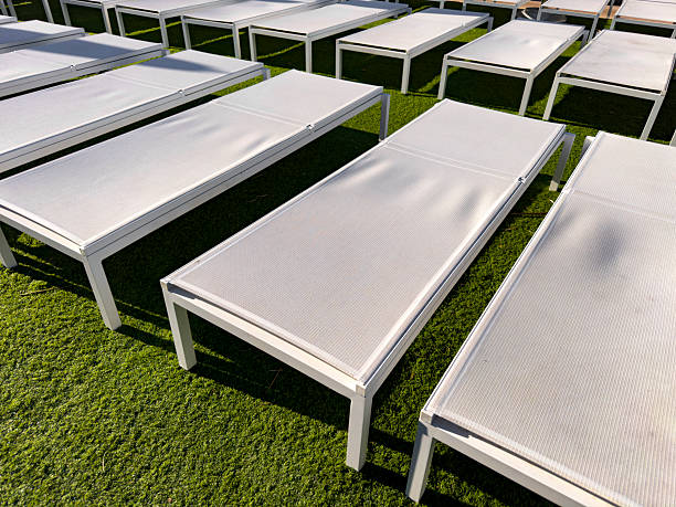 Rows of white sun loungers align neatly under the warm afternoon light in Miami Beach.
