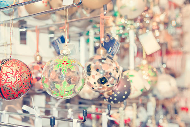Christmas shopping - Christmas balls for Christmas tree decorations in store. Alternative designs of traditional xmas balls for a demand of unique trees. Seasons in shops. Consumerism and crafts.