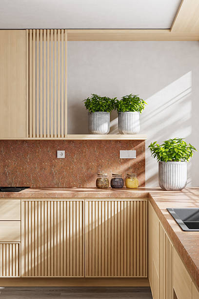istock Luxury Kitchen Interior Close-up with Pine Wood and Red Marble Accents 2242887253