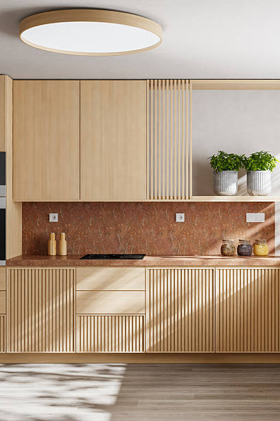 istock Luxury Kitchen Interior Close-up with Pine Wood and Red Marble Accents 2242887627