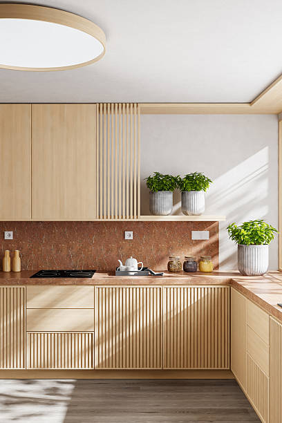 istock Luxury Kitchen Interior Close-up with Pine Wood and Red Marble Accents 2242887665