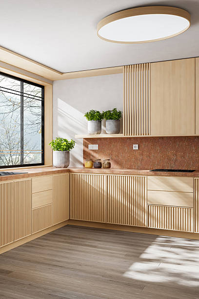 istock Luxury Kitchen Interior Close-up with Pine Wood and Red Marble Accents 2242887704