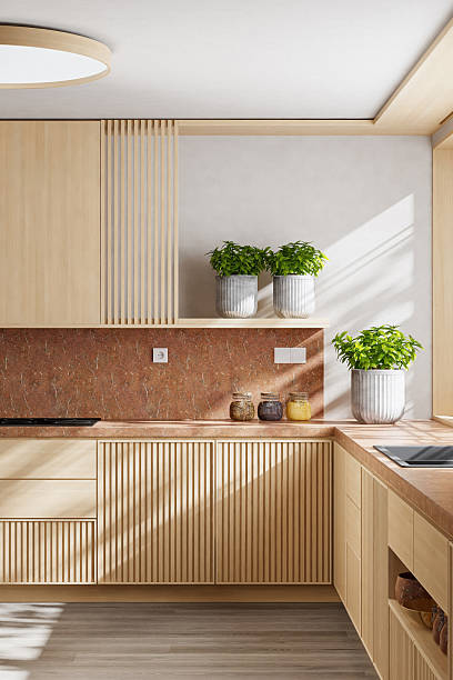 Luxury Kitchen Interior Close-up with Pine Wood and Red Marble Accents