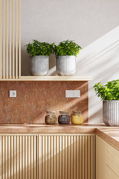 istock Luxury Kitchen Interior Close-up with Pine Wood and Red Marble Accents 2242887709