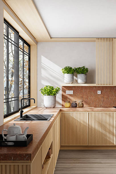 istock Luxury Kitchen Interior Close-up with Pine Wood and Red Marble Accents 2242887710