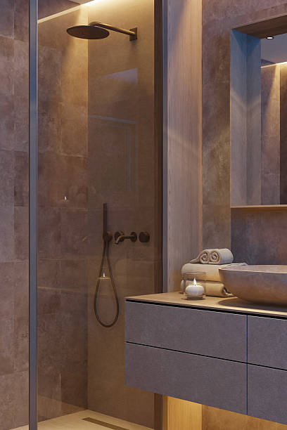 istock Japandi Spa Bathroom Interior Night Scene with LED Lighting and Sakura Accent 2242888929