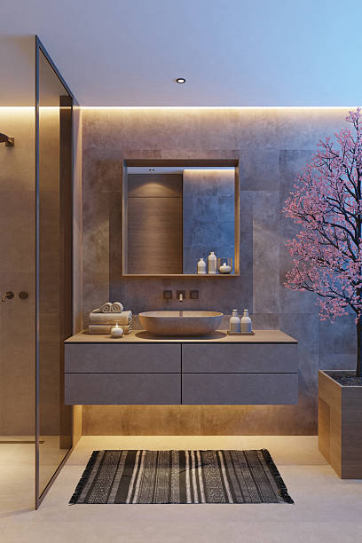istock Japandi Spa Bathroom Interior Night Scene with LED Lighting and Sakura Accent 2242888930