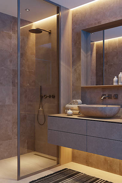 istock Japandi Spa Bathroom Interior Night Scene with LED Lighting and Sakura Accent 2242889494