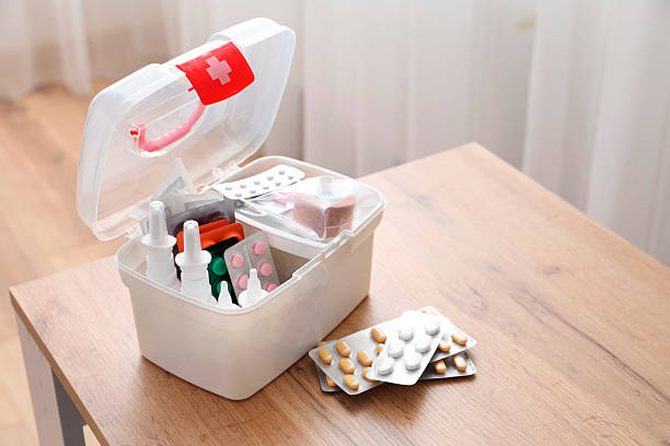 istock First aid kit and medicaments on wooden table indoors, space for text 2242890863