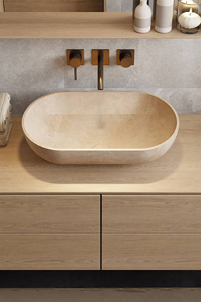 istock Japandi Spa Bathroom Interior with Pine Wood and White Stone Spa Elements 2242890886