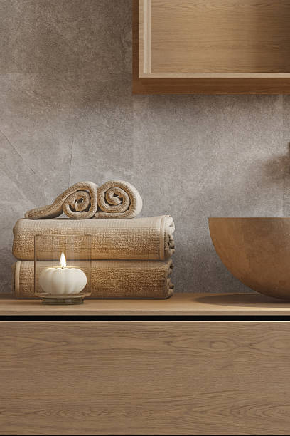 istock Japandi Spa Bathroom Interior with Pine Wood and White Stone Spa Elements 2242890891