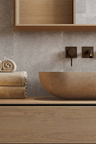 istock Japandi Spa Bathroom Interior with Pine Wood and White Stone Spa Elements 2242890896