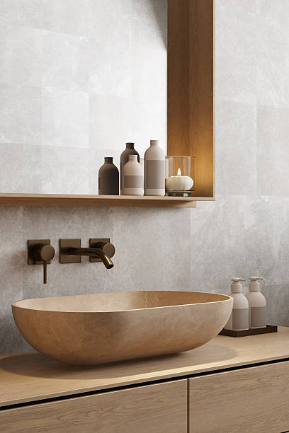 istock Japandi Spa Bathroom Interior with Pine Wood and White Stone Spa Elements 2242890917