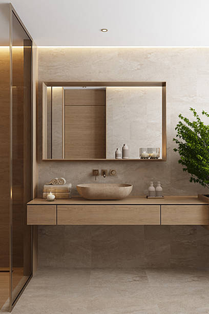 istock Japandi Spa Bathroom Interior with Pine Wood and White Stone Spa Elements 2242890933