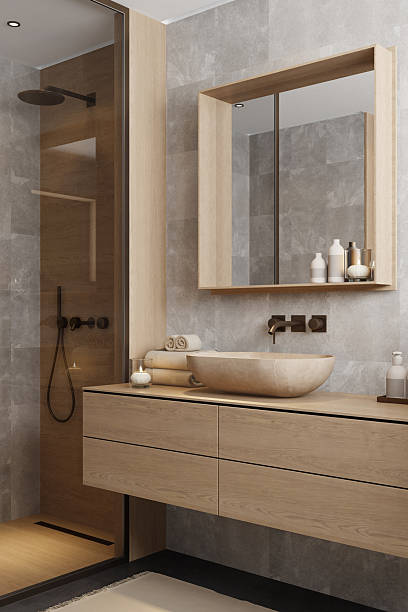istock Japandi Spa Bathroom Interior with Pine Wood and White Stone Spa Elements 2242890934