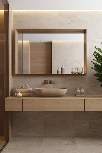 istock Japandi Spa Bathroom Interior with Pine Wood and White Stone Spa Elements 2242890963