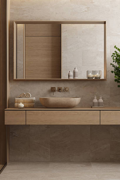 istock Japandi Spa Bathroom Interior with Pine Wood and White Stone Spa Elements 2242891097