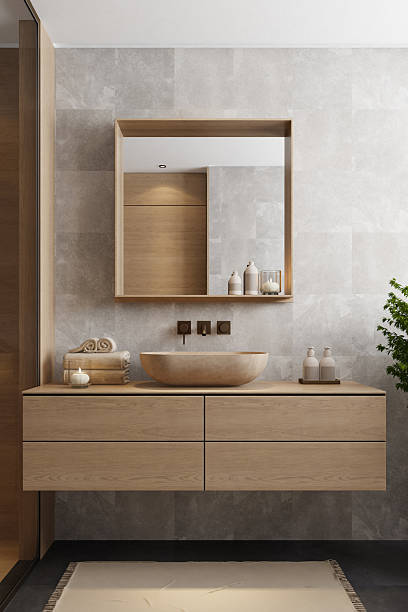 istock Japandi Spa Bathroom Interior with Pine Wood and White Stone Spa Elements 2242891192