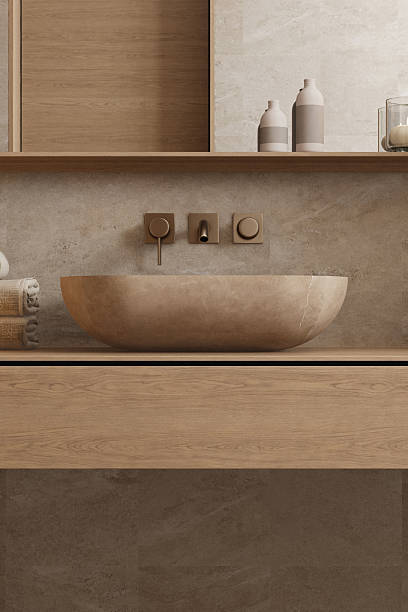 istock Japandi Spa Bathroom Interior with Pine Wood and White Stone Spa Elements 2242891262