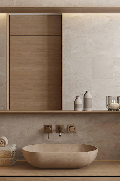 istock Japandi Spa Bathroom Interior with Pine Wood and White Stone Spa Elements 2242891263