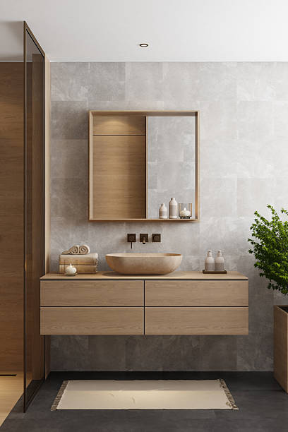 istock Japandi Spa Bathroom Interior with Pine Wood and White Stone Spa Elements 2242891322
