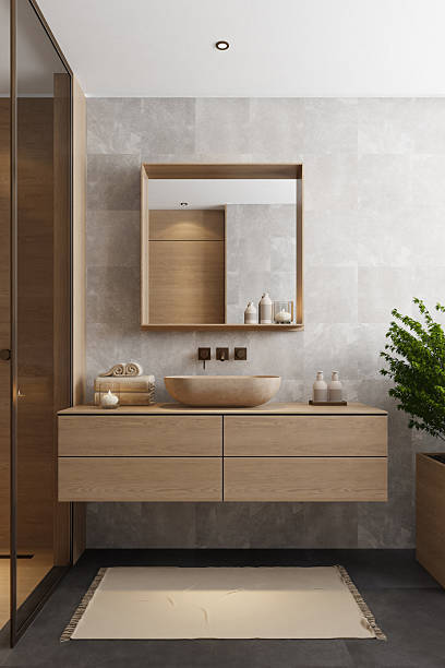 istock Japandi Spa Bathroom Interior with Pine Wood and White Stone Spa Elements 2242891323