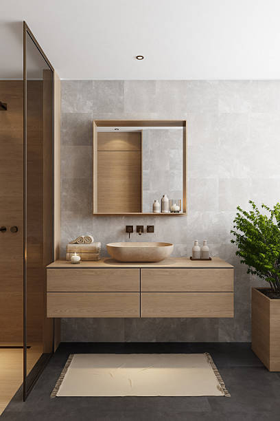 istock Japandi Spa Bathroom Interior with Pine Wood and White Stone Spa Elements 2242891326