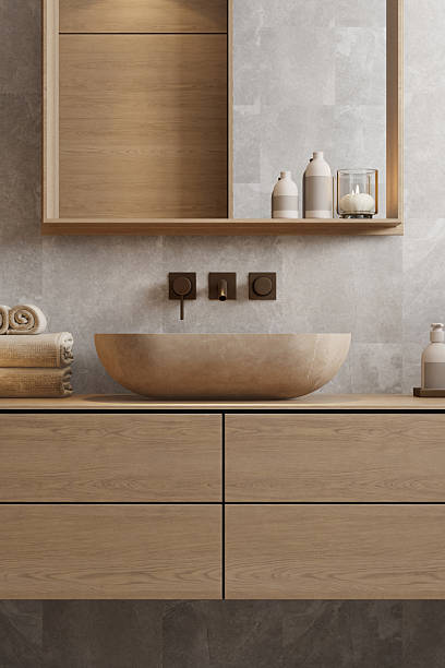 istock Japandi Spa Bathroom Interior with Pine Wood and White Stone Spa Elements 2242891345