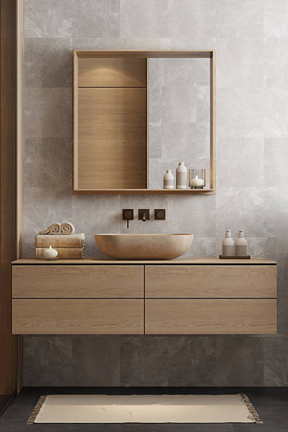 istock Japandi Spa Bathroom Interior with Pine Wood and White Stone Spa Elements 2242891373