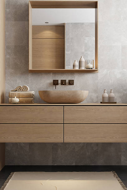 istock Japandi Spa Bathroom Interior with Pine Wood and White Stone Spa Elements 2242891374