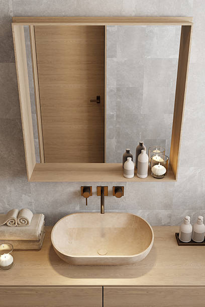 istock Japandi Spa Bathroom Interior with Pine Wood and White Stone Spa Elements 2242891380