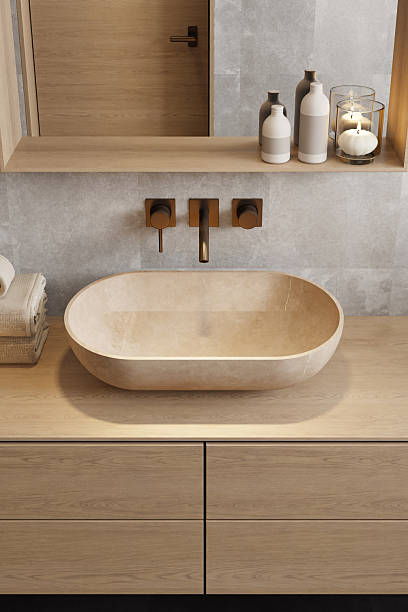 istock Japandi Spa Bathroom Interior with Pine Wood and White Stone Spa Elements 2242891381