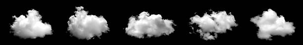 istock Realistic isolated white clouds set on black background showing natural fluffy texture and shape, perfect for digital art, sky design, weather VFX, and photo compositing projects. 2242899785