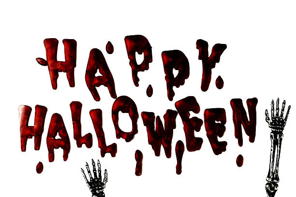 Happy Halloween Message Spelled in Blood with Skeleton Skull and Bones on White Background for Horror Holiday Greeting and Party Invitation