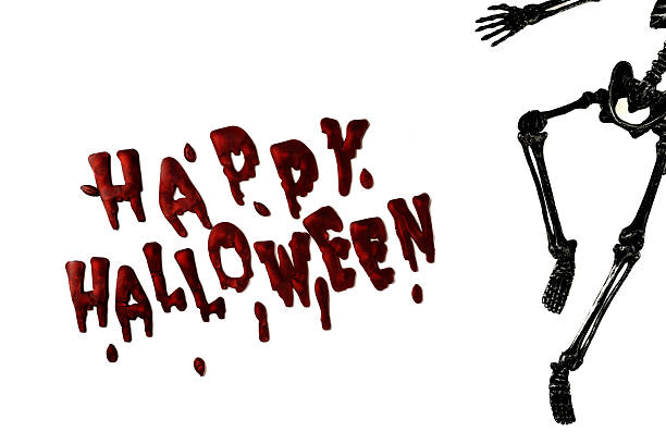 Happy Halloween Message Spelled in Blood with Skeleton Skull and Bones on White Background for Horror Holiday Greeting and Party Invitation